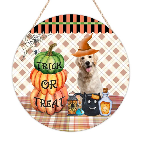 Welcome Sign for Front Porch Halloween Trick Or Treat Pumpkin Wood Signs German Shepherd Dog Spider Web Hanging Sign Trick Or Treat Farmhouse Decor For Bedroom Home Kitchen Laundry Room Decor 16x16in