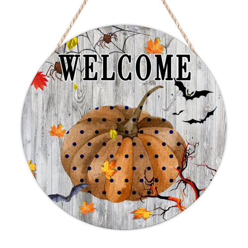BESTORLOVE Welcome Sign for Front Porch Welcome Polka Dots Pumpkin Wooden Signs Halloween Decorations Wooden Wall Sign Retro Hanging Wooden Sign for Home Laundry Bathroom Housewarming Gift 16x16in