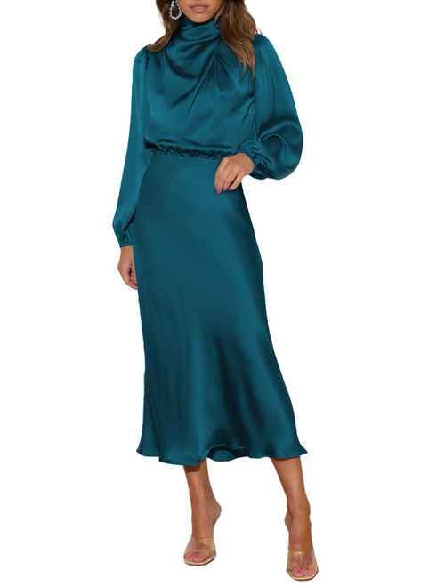 Meenew Women Long Sleeve Satin Ruched Bodycon Dress Mock Neck Wedding Guest Cocktail Maxi Dress Peacock Blue M Meenew Women Long Sleeve Satin Ruched Bodycon Dress Mock Neck Wedding Guest Cocktail Maxi Dress Peacock Blue M