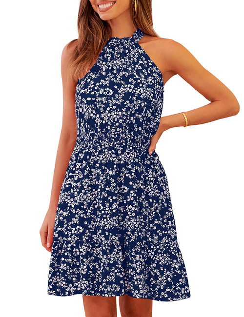 MEROKEETY Summer Dress for Women 2023 Halter Neck Sleeveless Floral Ruffle Swing Dress with Pockets,Navy,M