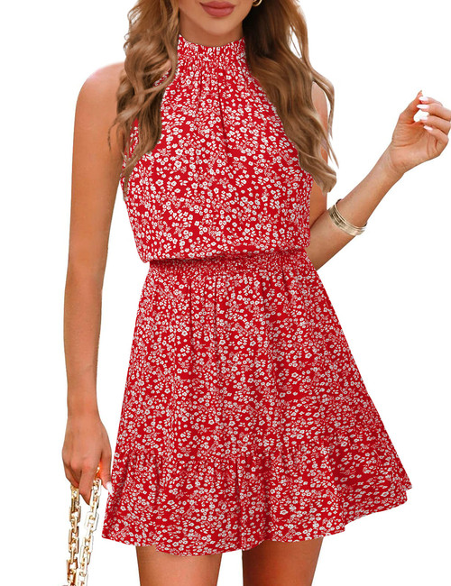 MEROKEETY Womens 2023 Summer Sleeveless Halter Neck Floral Print Ruffle A Line Boho Mini Dresses,Red,M