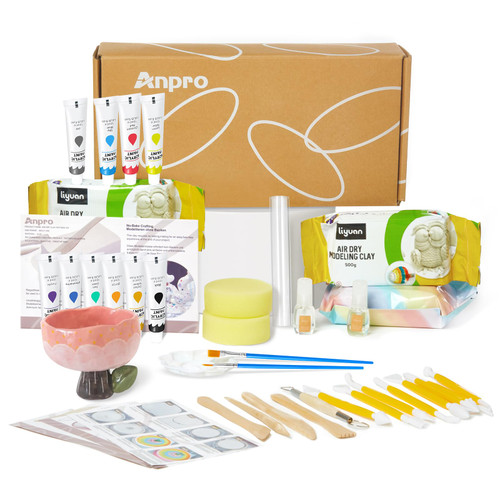 Air Dry Clay for Adults, Air-Dry Clay Starter Kit for Beginners Clay Kit, Home Made Pottery Set, DIY Air-Dry Clay Kit, Pottery Kit w/Paint Set, Varnish, 10 Paint, Brushes, Sponge, Step Guide 35pcs