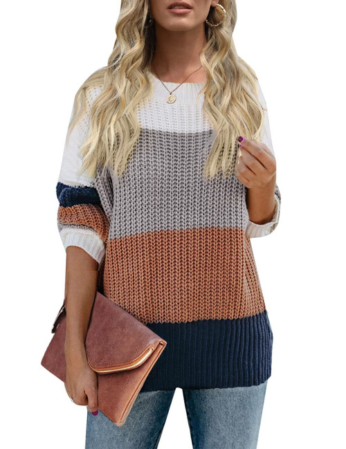 MEROKEETY Women's Crew Neck Long Sleeve Color Block Knit Sweater Casual Pullover Jumper Tops Brown