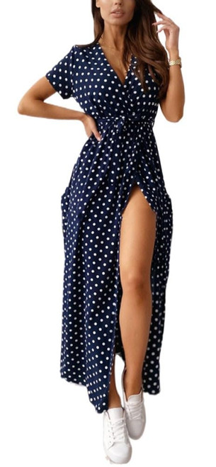 UOOZEE Women's Summer Wrap Maxi Dress Casual Polka Dot V Neck Short Sleeve Split Beach Long Dresses, Dot Navy S