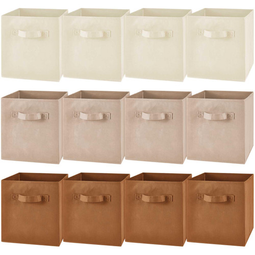 12 Pcs Cube Storage Bin 11'' Collapsible Storage Cubes Foldable Cube Storage Organizer Bins Fabric Bins Storage Basket Fabric Cubby Boxes for Shelf Closet (Beige, Khaki, Brown)
