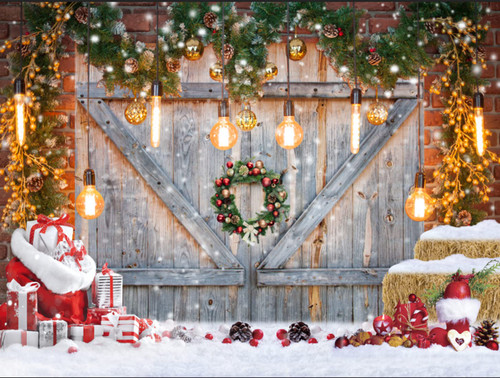 Dudaacvt 10x8FT Christmas Rustic Barn Wood Door Photography Backdrop Xmas Tree Snow Gifts Decor Background Family Party Supplies Banner Christmas New Year Party Backdrop