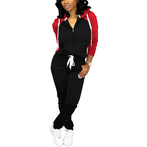 Nimsruc Two Piece Outfits For Women Jogging Suits Casual Jogger Tracksuit Long Sleeve Sweatsuit Pants Sets Red Black XXL