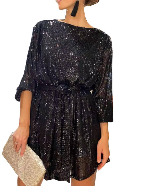 Rseoutlh Women's Sequin Sexy Sparkly Dress Glitter Party Loose Fit Long Sleeve Dress Cocktail Short Mini Dress with Belt (Black-S)