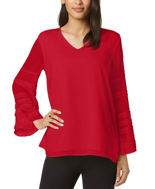 Alfani Womens Layered Sleeve Pullover Blouse, Red, Medium