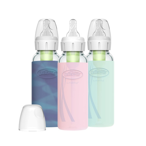 Dr. Brown's Options+ Narrow Bottle, Glass Baby Bottle with Silicone Sleeve Variety Pack 8 Ounce - Glow/Pink/Mint