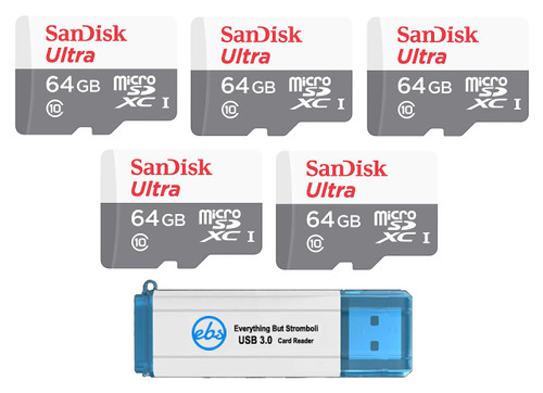 SanDisk Ultra 64GB microSDXC Memory Card (5 Pack) UHS-I Class 10 SDSQUNS-064G-GN3MN Bundle with (1) Everything But Stromboli 3.0 SD/TF Micro Card Reader SanDisk Ultra 64GB microSDXC Memory Card (5 Pack) UHS-I Class 10 SDSQUNS-064G-GN3MN Bundle with (1) Everything But Stromboli 3.0 SD/TF Micro Card Reader