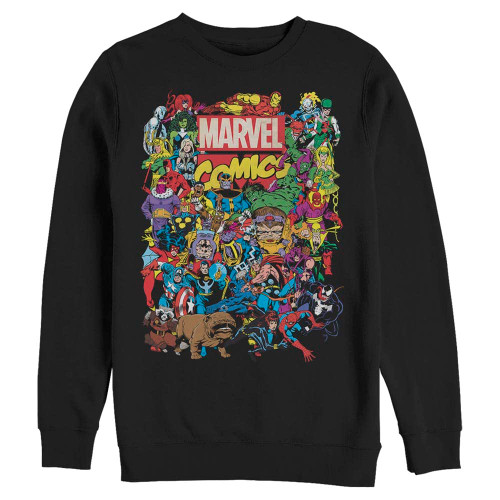 Marvel Big & Tall Classic Entire Cast Mens Pullover Crew Fleece, Black