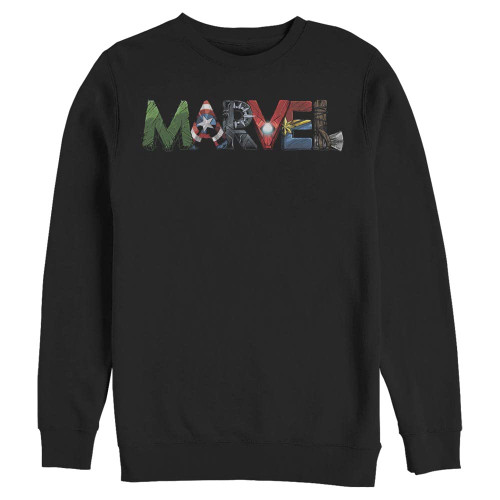 Marvel Tall Size Classic Fan Letters Mens Pullover Crew Fleece, Black