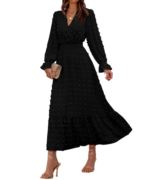 BTFBM Women Fall Dresses 2023 Long Sleeve V Neck Swiss Dots Maxi Dress Boho Long Dress High Waisted A-Line Ruffle Dress(Solid Black,Medium)