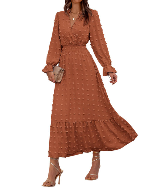 BTFBM Women Fall Dresses 2023 Long Sleeve V Neck Swiss Dots Maxi Dress Boho Long Dress High Waisted A-Line Ruffle Dress(Solid Orange,Large)