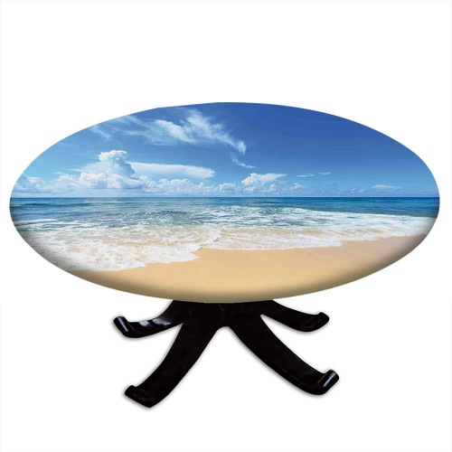 Ocean Round Tablecloth with Elastic Edge, Waves and Beach with Sky Sun Endless Summer Sea Coast View Tropic Print, for Dining Tables, self-Service Parties and Camping, Fit for 56" Table, Cream Blue