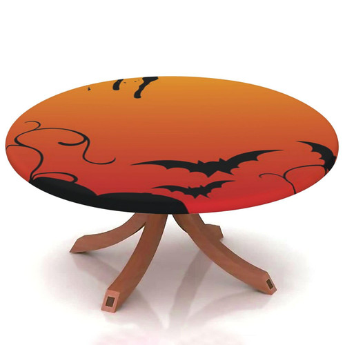 halloween Round Fitted Tablecloth Elastic Edge,for 57" to 68" Round Tables,Holiday Jack O Lantern Silhouette,Suitable for festival holiday celebrate party Table round Tables Decoration,orange black