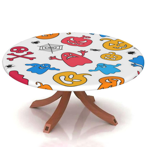 halloween Round Fitted Tablecloth Elastic Edge,for 57" to 68" Round Tables,color cartoon Pattern round tablecloth,Can Wipe Indoor/Outdoor Dining Table coverr festival holiday celebrate party,multi
