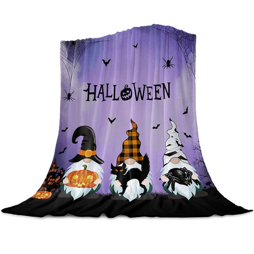 Fleece Blanket Warm Throw Blanket Happy Halloween Gnomes Pumpkin Purple Fuzzy Bed Blanket Comfy Microfiber Flannel Blanket,Lightweight Blanket for Couch,Bed,Sofa,40x60 Inch