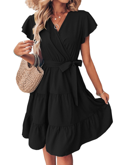 MakeMeChic Women's Cap Short Sleeve V Neck Wrap Ruffle A Line Swing Belted Short Dress Black L