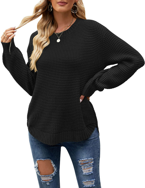 MEROKEETY Women's 2023 Fall Oversized Long Puff Sleeve Pullover Sweaters Waffle Knit Jumper Tops, Black, M