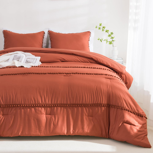 Andency Burnt Orange Comforter Set Full Size, 3 Pieces Terracotta Pom Pom Aesthetic Boho Bed Comforter Set, Soft Lightweight Microfiber Down Alternative Bedding Comforter Set for All Season