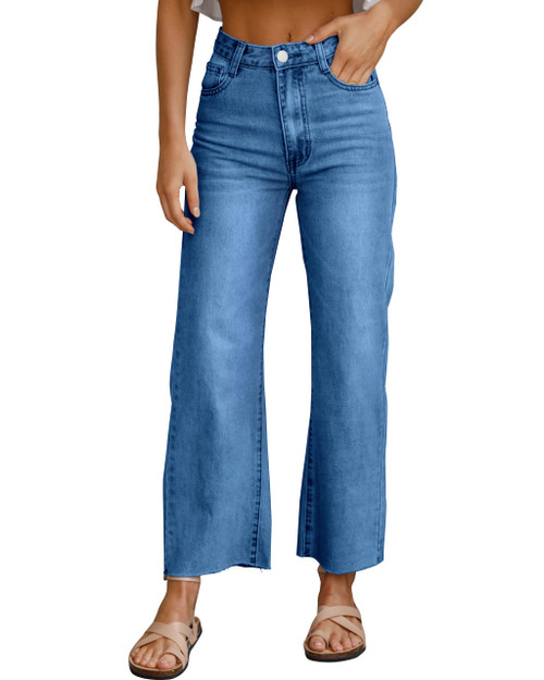 PLNOTME Women's High Waisted Baggy Jeans Straight Leg Raw Hem Casual Denim Pants