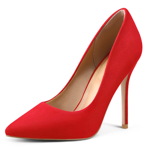 mysoft Women's High Heels Pumps Closed Pointed Toe Stiletto 4IN Heels Dress Wedding Shoes Red Suede