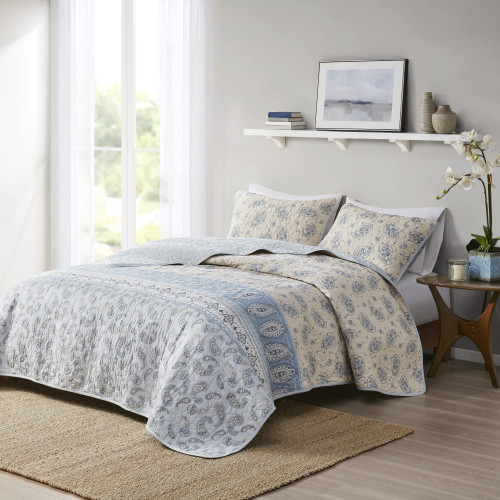 Madison Park April Reversible Cotton Quilt Set - Trendy Paisley Design Summer Coverlet, Lightweight All Season Bedding Layer, Matching Shams, Full/Queen(90"x90"), Blue/Taupe 3 Piece