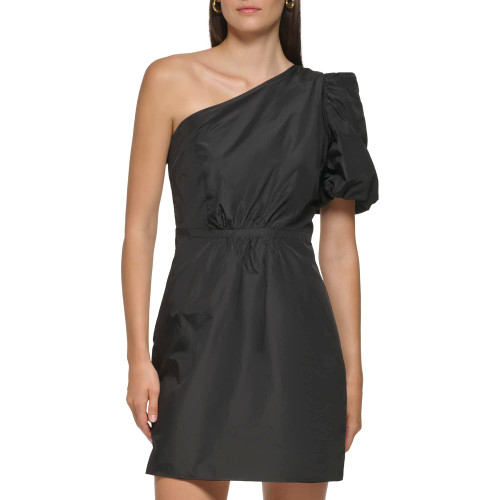 Karl Lagerfeld Paris Women's Taffeta Sheath with One Shoulder Puff Sleeve, Black