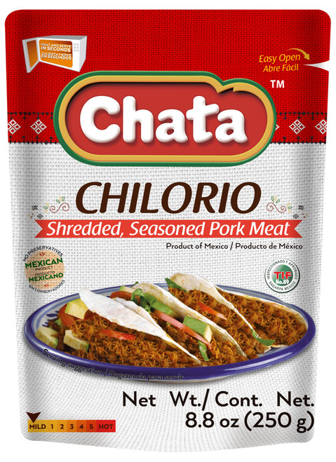 Chata Pork Chilorio Pouch | Shredded, Seasoned Pork Meat | Ready-to-Eat | No Preservatives | 8.8 Ounce (Pack of 12)