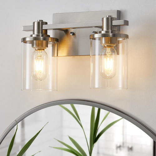 2 Light Bathroom Vanity Light, Brushed Nickel Bathroom Light Fixtures with Clear Glass Shade, Matte Black Finish, Brushed Nickel Copper Accent Socket, Modern Vanity Lights for Bathroom Over Mirror