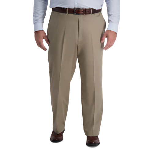 Haggar Men's Iron Free Premium Classic Fit Flat Front Expandable Waist Casual Pant (Regular and Big & Tall Sizes), Med Khaki-BT, 48W x 30L