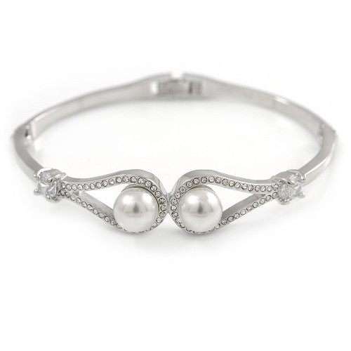Avalaya Elegant Double Loop Glass Pearl, Clear Crystal Bangle Bracelet In Rhodium Plated Metal - 17cm L (For Smaller Hands)