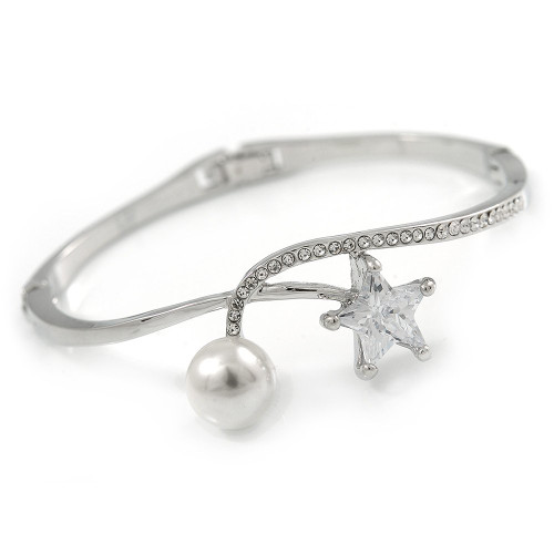 Avalaya Elegant Clear Crystal, Cz Star, Glass Pearl Bangle Bracelet In Rhodium Plating - 18cm L