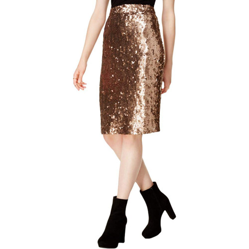 Bar III Women's Sequined Pencil Skirt Copper Medium
