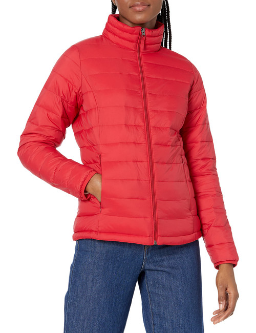 Amazon Essentials Women's Lightweight Long-Sleeve Water-Resistant Puffer Jacket (Available in Plus Size), Red, Medium