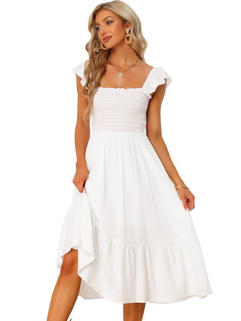 Allegra K Boho Midi Dress for Women's Square Neck Ruffle Tiered Flowy Smocked Sundress Small White