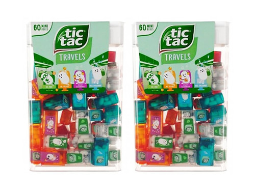 Fruity Minty 2 Box Tic Tac Travels - Party Pack Mixed 60 Colourful Mini Boxes Orange Peppermint Spearmint Peach Passionfruit Flavor Non Melting Refreshing Candy