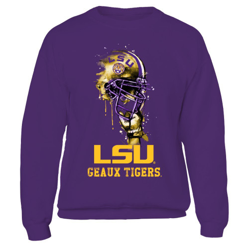 FanPrint LSU Tigers Sweatshirt - Rising Helmet - Crewneck Sweatshirt/Purple / 2XL