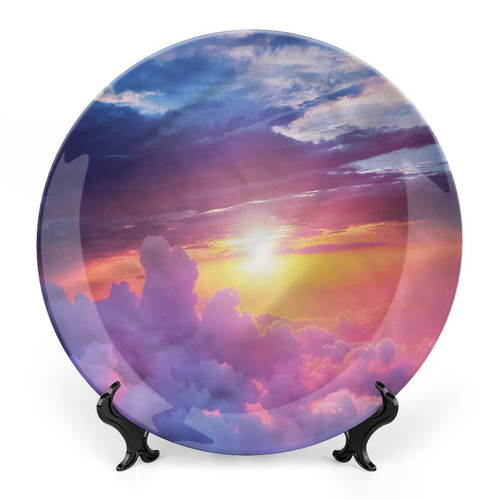XISUNYA 10 Inch Decorative Plate, Landscape Ceramic Craft, Sunset Sky and Clouds Print Ceramic Display Plate for Decorative Ornaments Giving Plates, 1 Plate with 1 Display Stand
