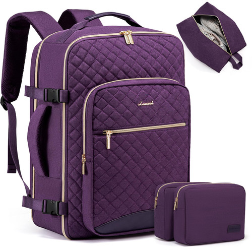 LOVEVOOK Travel Backpack for Women, Flight Approved Carry on Backpack for Traveling on Airplane, 40L Personal Item Bag Airline Approved, 17 Inch Weekender Backpack with 3 Packing Cubes, Dark Purple