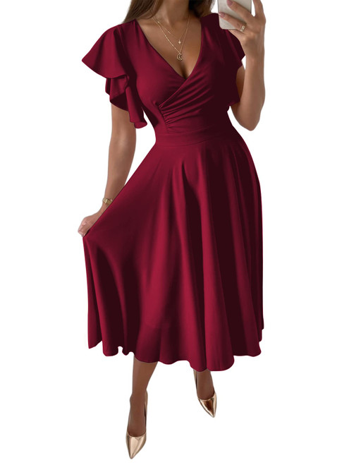 LYANER Women's Deep V Neck Ruffle Short Sleeve Wrap Swing A Line Flared Cocktail Party Midi Dress Wine Red XX-Large