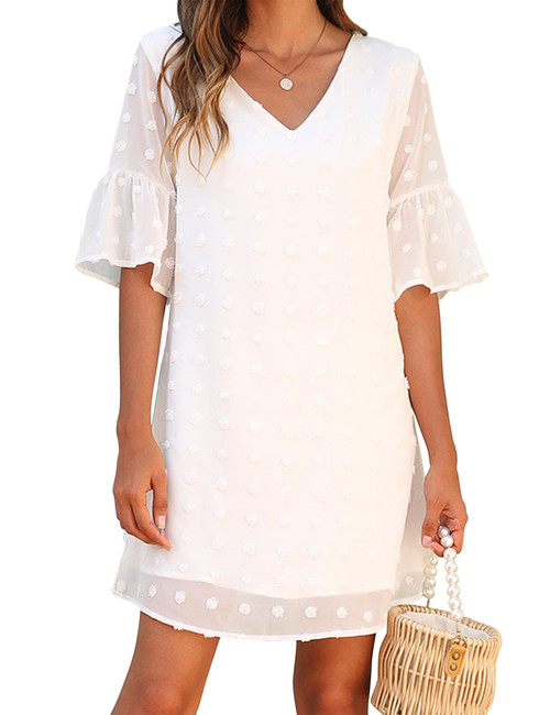 Blooming Jelly Womens White Dresses Short Sleeve V Neck Ruffle Cute Sun Dress Chiffon Flowy Shift Mini Dress?M,White? Blooming Jelly Womens White Dresses Short Sleeve V Neck Ruffle Cute Sun Dress Chiffon Flowy Shift Mini Dress?M,White?