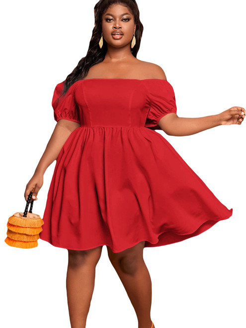 SOLY HUX Women's Plus Size Off Shoulder Puff Short Sleeve High Waist A Line Swing Dress Solid Red 2XL
