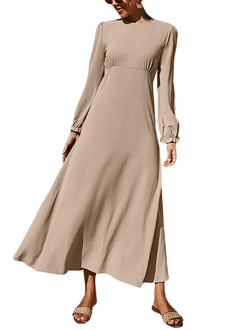 Rooscier Women's Ruffle Long Sleeve Empire Waist A Line Swing Flowy Long Maxi Dress Beige Medium