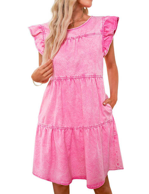 luvamia Ruffle Sleeve Babydoll Dress for Women with Pockets Jean Dresses for Women Denim Women's Casual Dresses Going Out Dress Womens Dresses Summer Aurora Pink Size Medium Fits Size 8 / Size 10