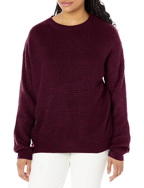 MEROKEETY Women's 2023 Long Sleeve Waffle Knit Sweater Crew Neck Solid Color Pullover Jumper Tops Wine