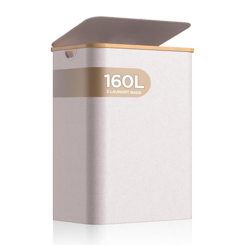 OYTYPIIDR 160L XXX-Large Laundry Hamper With Lid,Laundry Basket 3 section- Dirty Clothes Removable Bag - Tall Bin Lid Organizer for Bedroom,Laundry Room,Dirty Clothing Hamper,Beige (Beige)