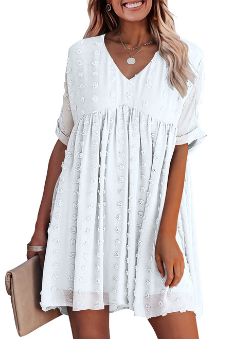 KIRUNDO Womens Summer Dresses Casual V Neck Short Sleeve Swiss Dot Ruffle Loose Flowy Mini Babydoll Dress (White, X-Large)